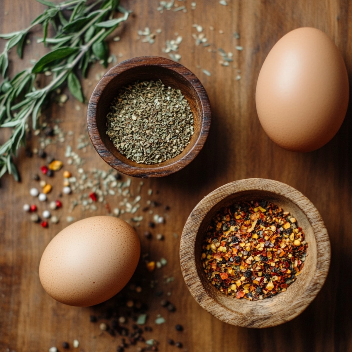 Brown eggs, dried herbs, and red pepper flakes on a wooden surface with scattered spices and rosemary.