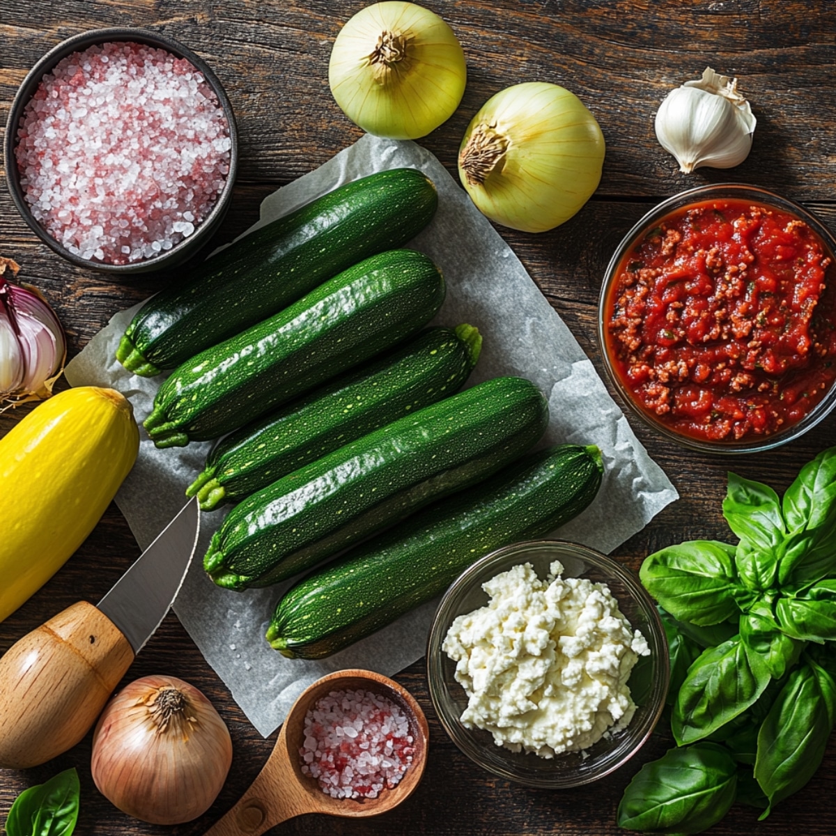 Fresh ingredients for zucchini lasagna, including zucchinis, onions, garlic, marinara sauce, ricotta cheese, basil, and salt, arranged on a wooden kitchen surface.