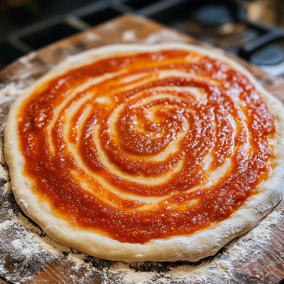 Pizza dough topped with swirled tomato sauce on a floured wooden peel, ready for baking.