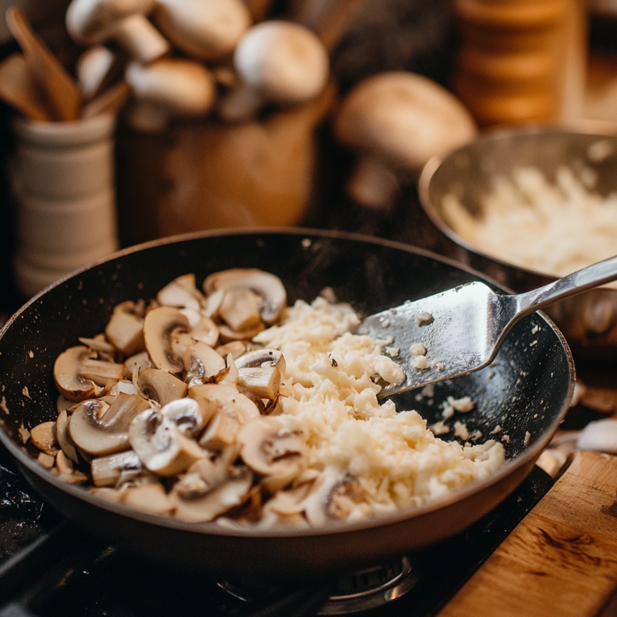 Sliced mushrooms and sautéed onions cooking in a skillet, stirred with a spatula, with fresh mushrooms and shredded cheese in the background of a cozy kitchen scene.