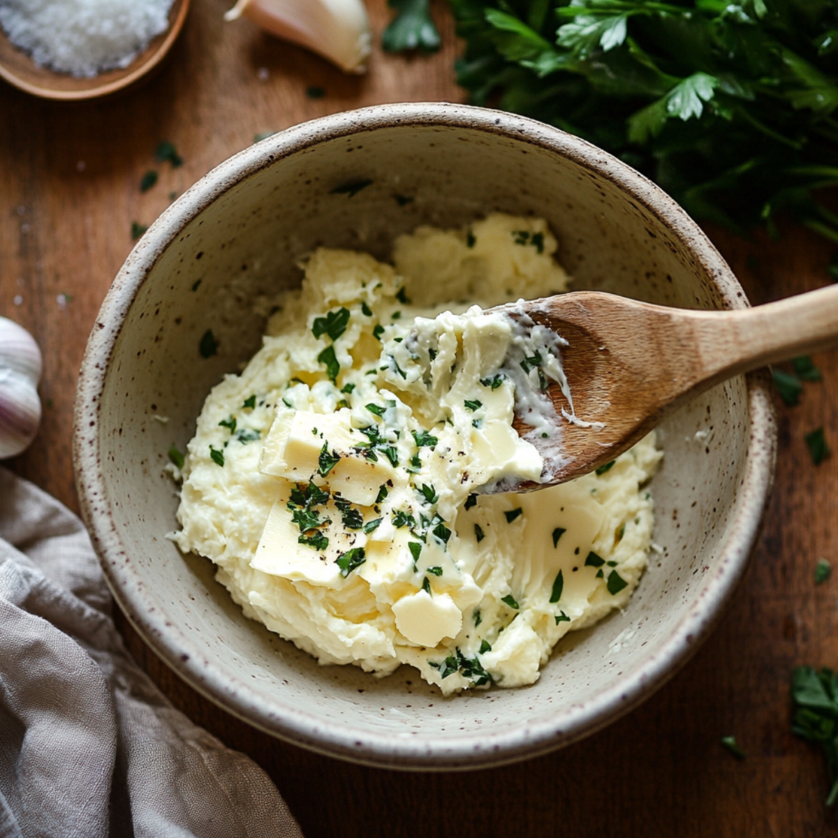 Softened butter in a ceramic bowl being mixed with chopped parsley and garlic using a wooden spoon, surrounded by fresh herbs, garlic, and sea salt.