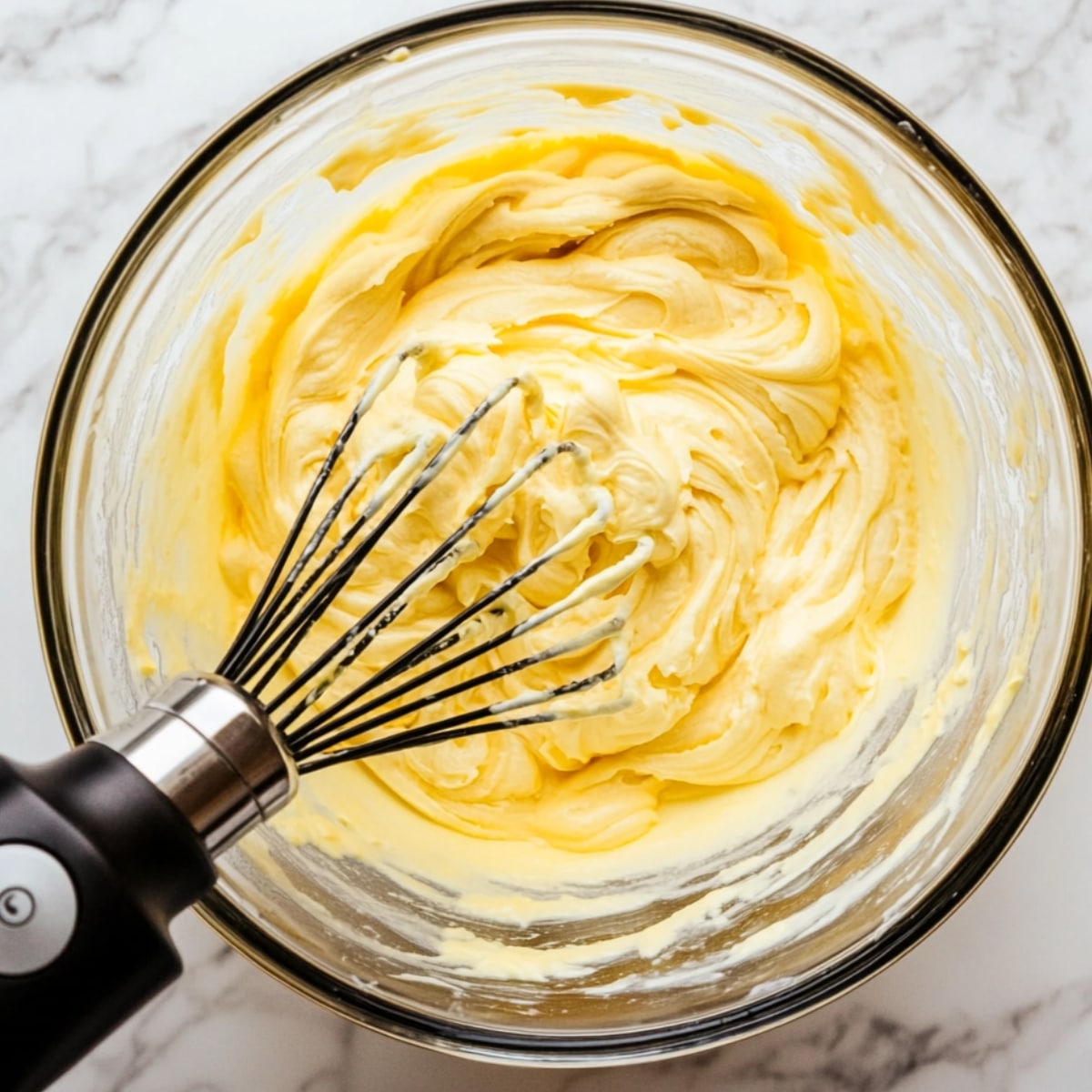 Lemon cupcake batter being mixed in a clear glass bowl with a handheld whisk, showing a smooth, creamy texture and swirls on a marble countertop.
