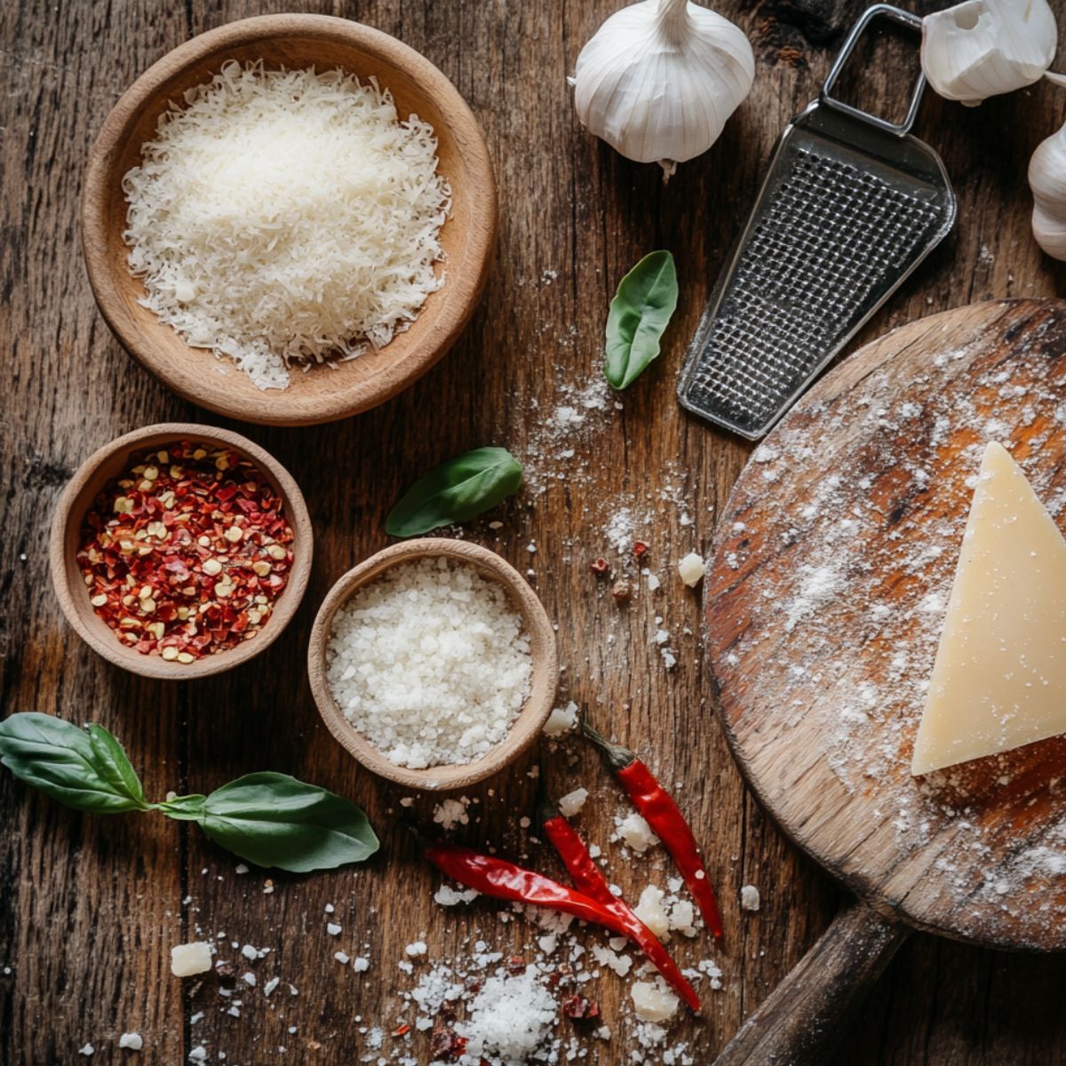 Parmesan cheese, red pepper flakes, sea salt, garlic, and basil on a rustic wooden table with a grater and chili peppers.