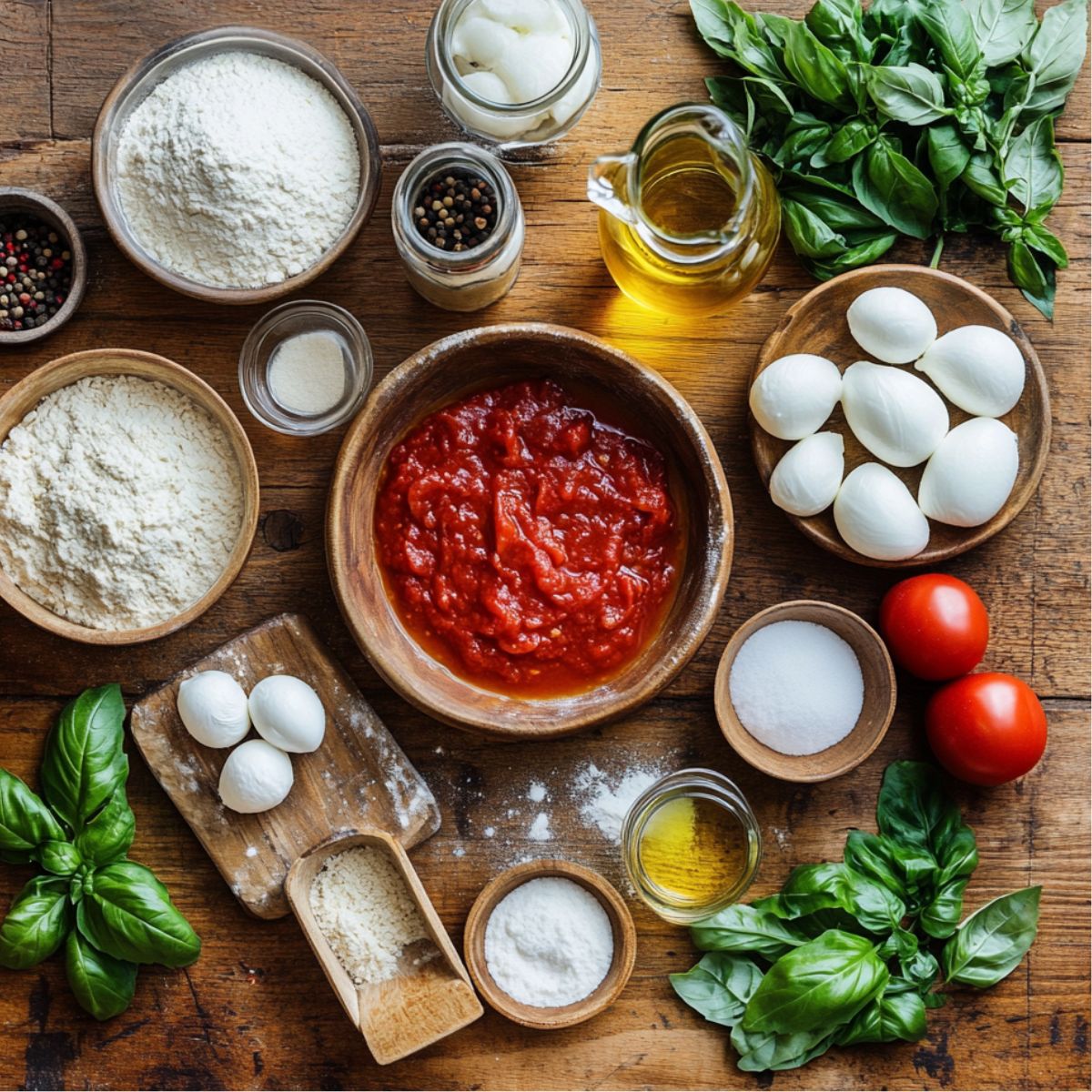 Margherita pizza ingredients on a wooden table—tomato sauce, mozzarella, basil, flour, oil, and seasonings in bowls.