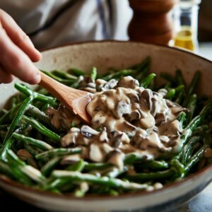 Blanched green beans being mixed with creamy mushroom sauce in a large bowl using a wooden spoon, part of green bean casserole prep.