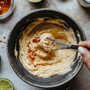 Homemade chipotle sauce being whisked in a dark ceramic bowl with paprika, lime, and seasoning nearby.