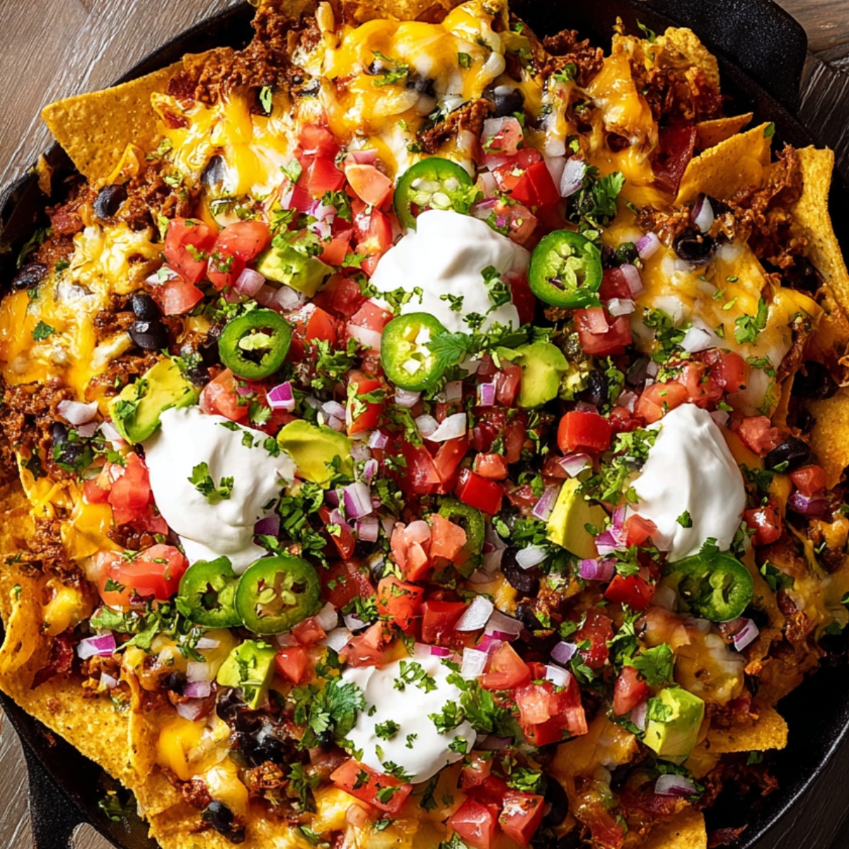 Loaded homemade nachos in a skillet with melted cheese, ground beef, black beans, tomatoes, onions, jalapeños, avocado, sour cream, and cilantro.