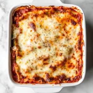 Golden-baked zucchini lasagna topped with bubbly, browned cheese in a white baking dish.