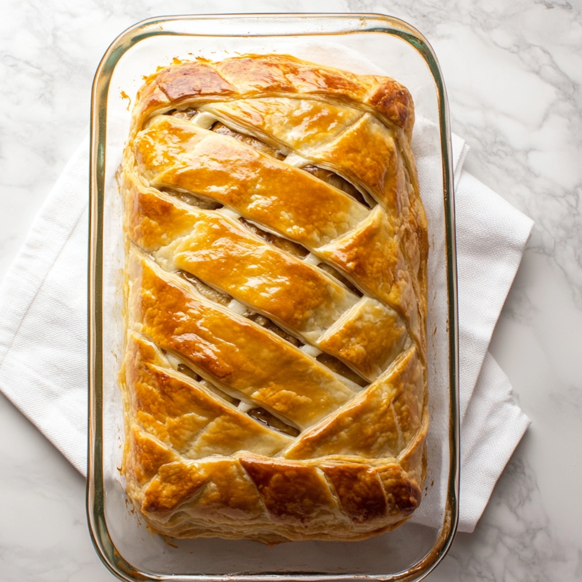 Freshly baked homemade beef Wellington in a glass dish, topped with golden puff pastry scored in a diagonal pattern, resting on a white napkin over a marble surface.