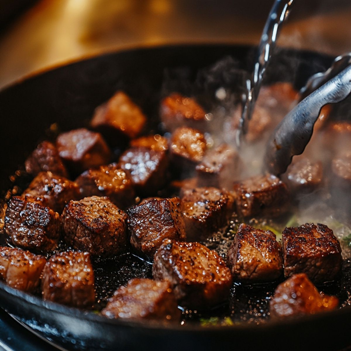 Golden-brown steak bites sizzling in a cast iron skillet, steam rising as metal tongs flip the seared beef—rich, homemade flavor in action.