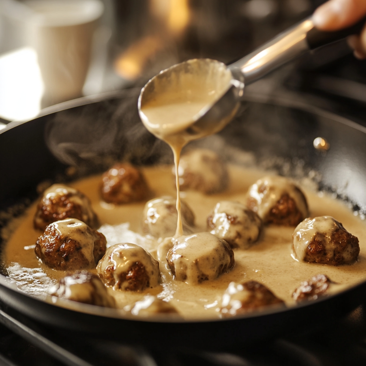 Swedish meatballs simmering in creamy gravy, with sauce being poured over them from a ladle.
