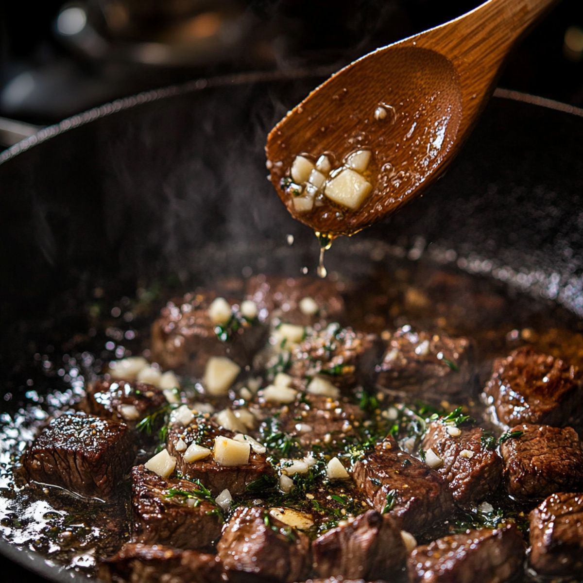 Seared steak bites simmering in a cast iron skillet with minced garlic and herbs, as a wooden spoon drizzles hot garlic butter over the beef—homemade and sizzling.