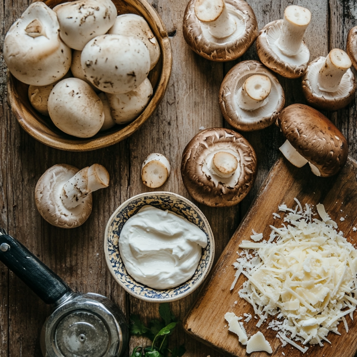 Top-down view of white and brown mushrooms, a bowl of sour cream, shredded cheese on a cutting board, and a garlic press on a rustic wooden surface with natural lighting.