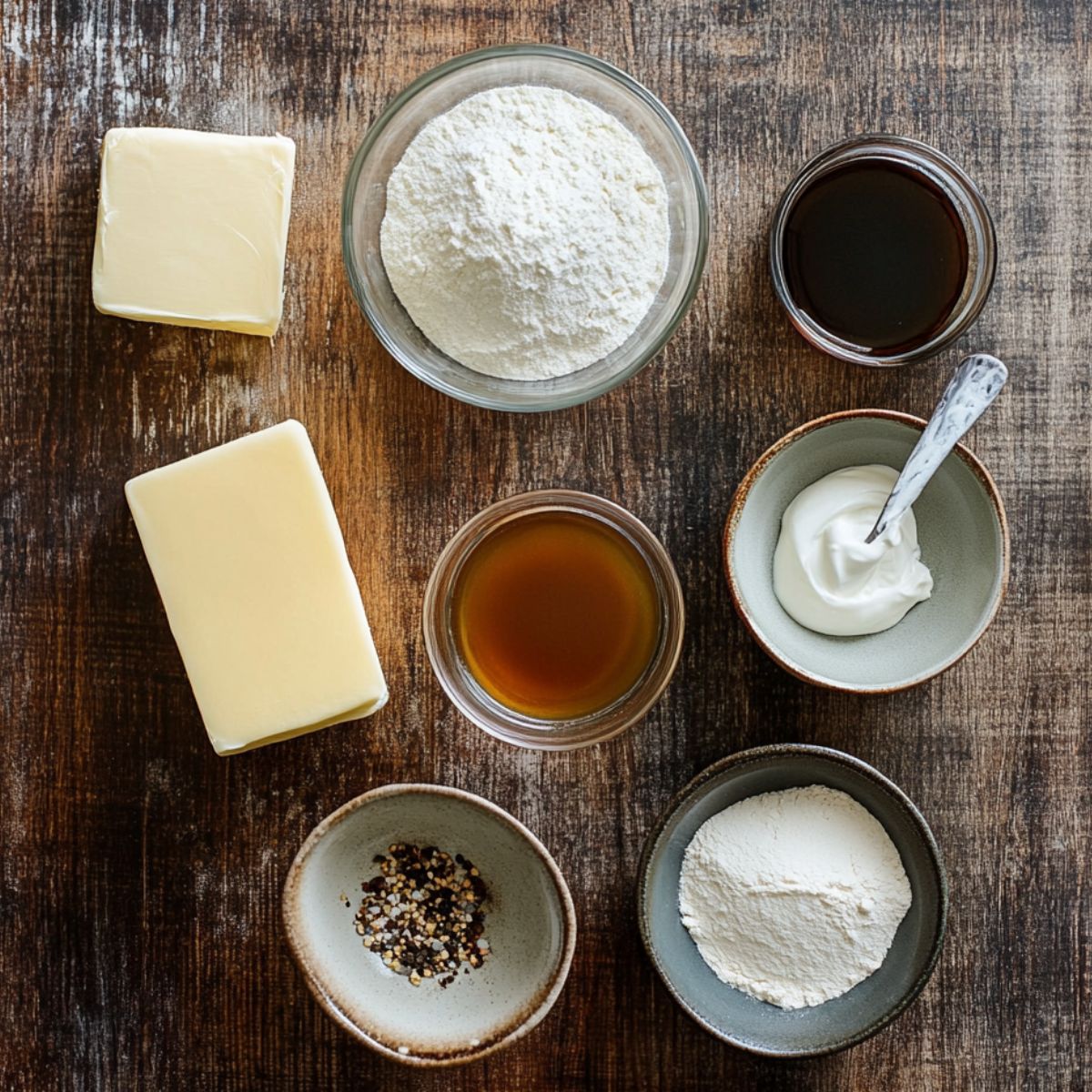 Ingredients for Swedish meatball gravy, including butter, flour, broth, soy sauce, sour cream, and pepper on a wooden surface.