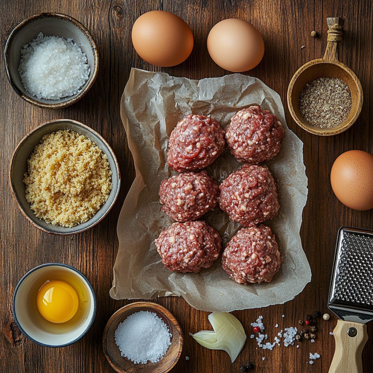 Raw Swedish meatballs with ingredients like eggs, breadcrumbs, onion, salt, and pepper on a wooden surface.