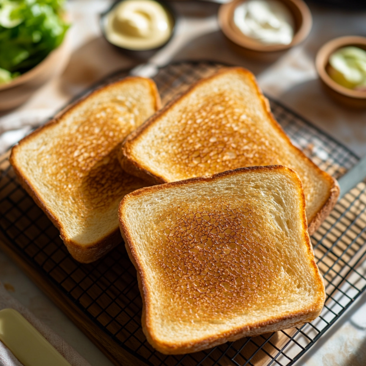 Three slices of golden toasted sandwich bread cooling on a wire rack with condiments blurred in the background.