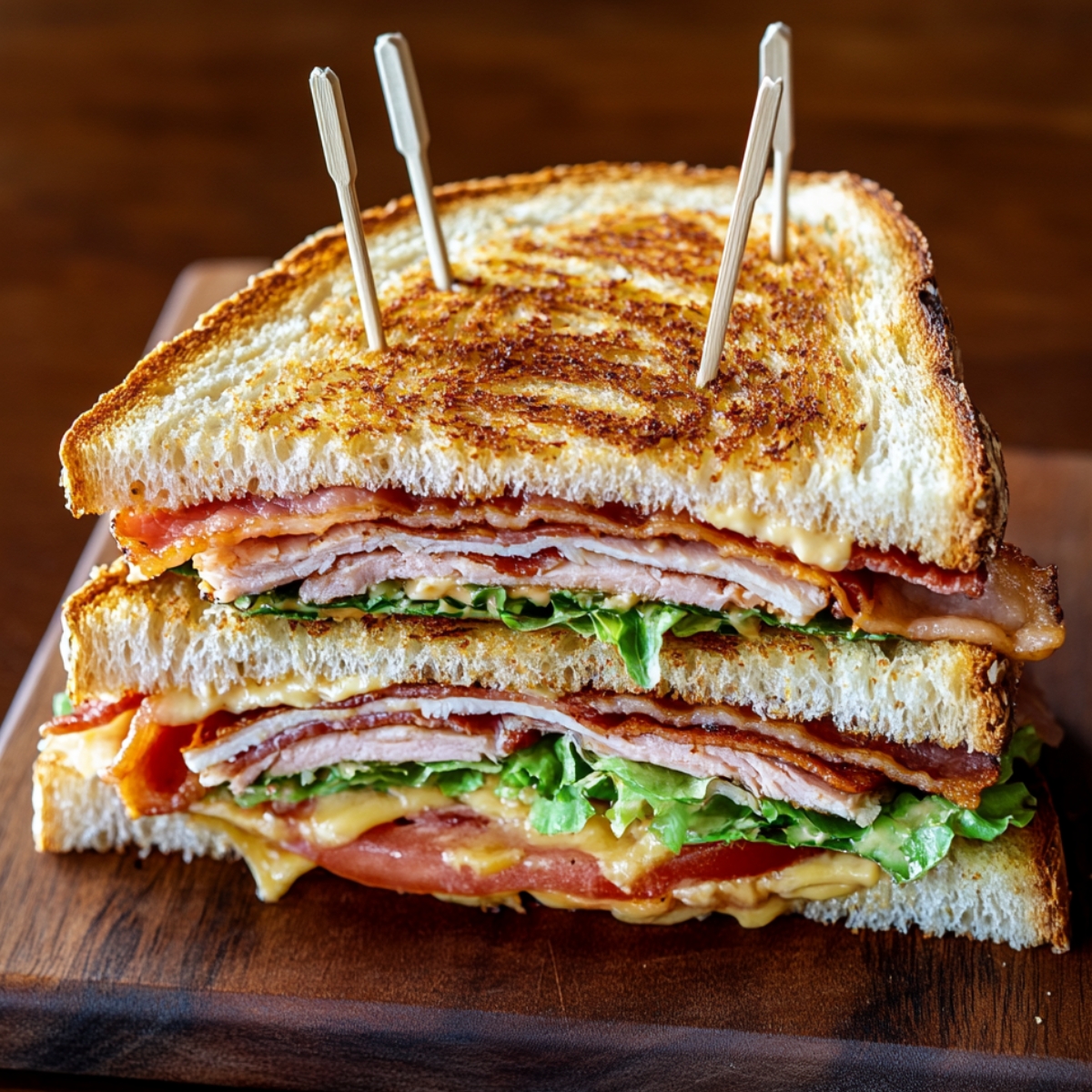 Triple-decker homemade club sandwich with turkey, bacon, lettuce, tomato, and mayo, secured with toothpicks and stacked on a wooden board.