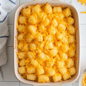 Transfer beef mixture to a 9x13-inch baking dish; layer tater tots evenly on top and sprinkle with Cheddar cheese.
