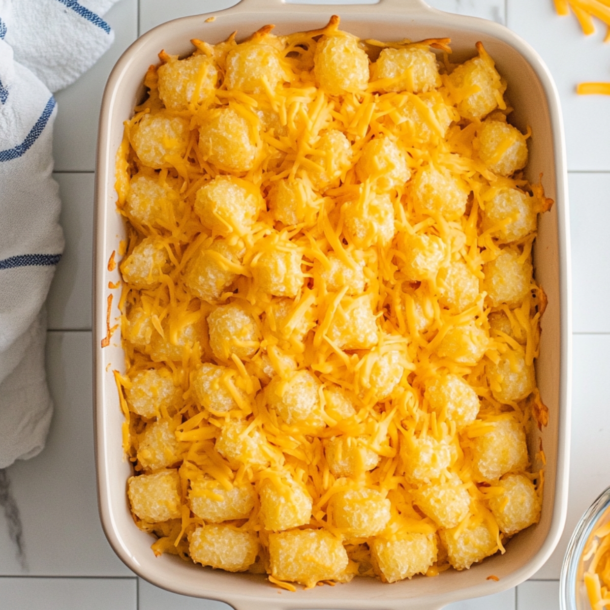 Transfer beef mixture to a 9x13-inch baking dish; layer tater tots evenly on top and sprinkle with Cheddar cheese.