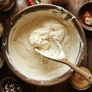 Thick homemade fish taco batter in a wooden bowl with a wooden spoon, surrounded by spices and ingredients on a rustic wooden surface.