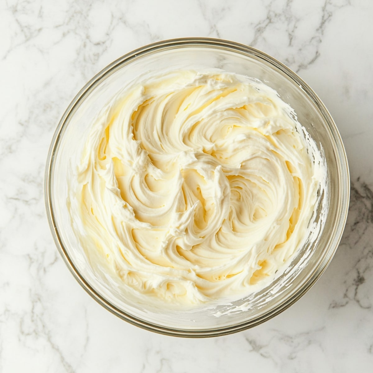 A glass bowl filled with freshly whipped lemon buttercream frosting, showing soft peaks and creamy swirls on a marble countertop.