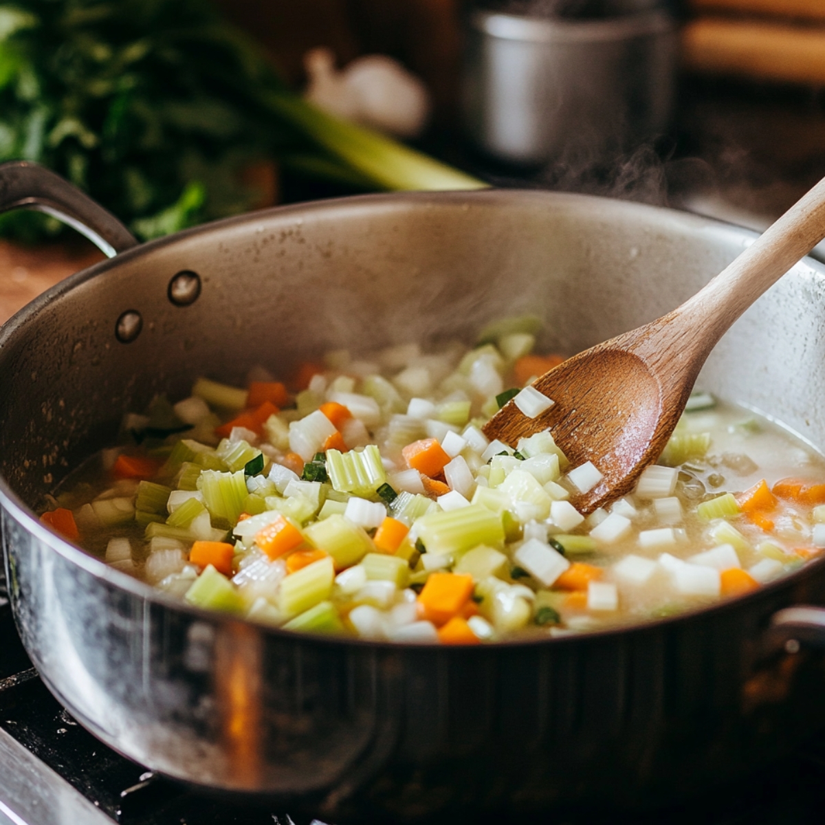 Sautéing diced onions, carrots, and celery in a large pot with a wooden spoon while making homemade broccoli cheddar soup.