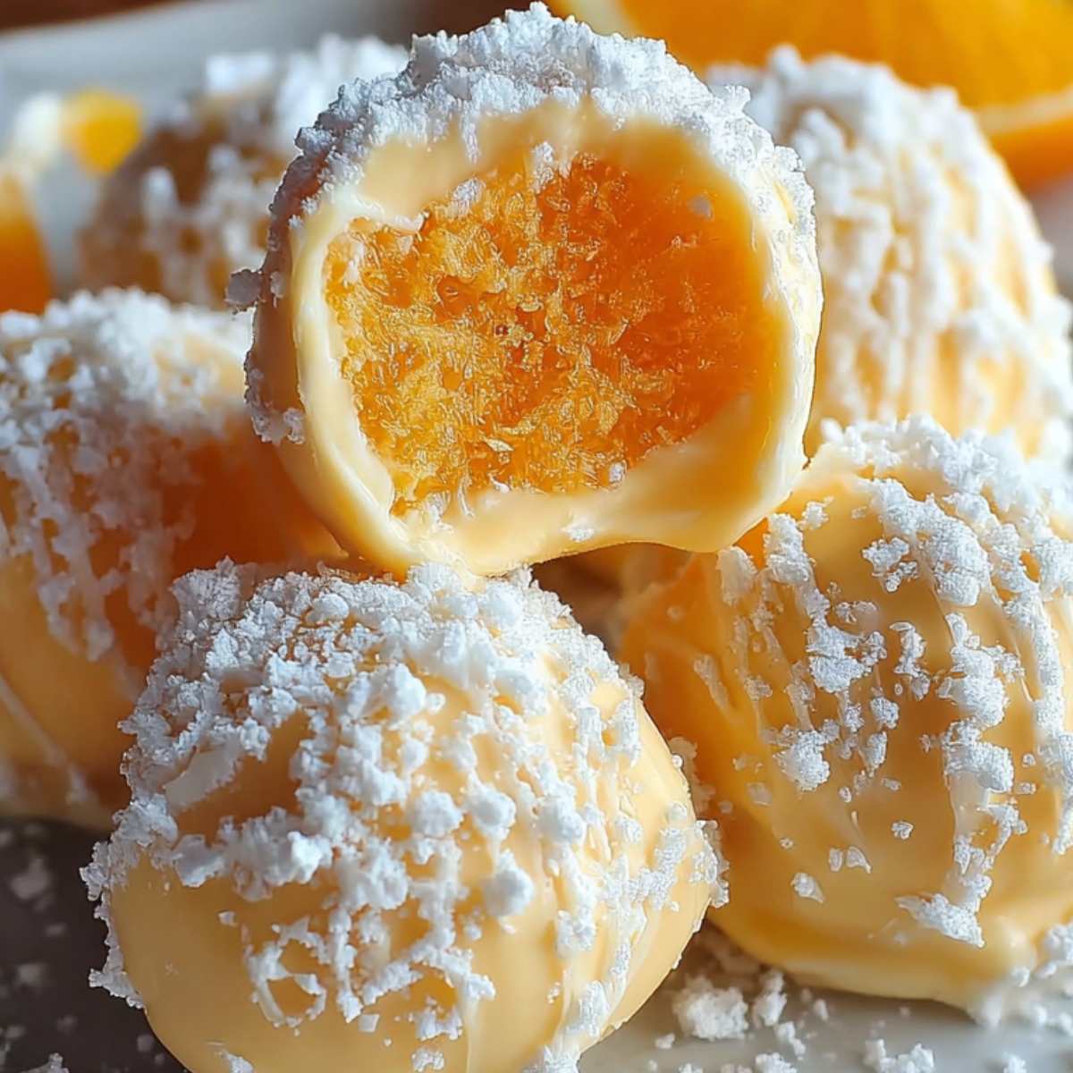 Homemade orange creamsicle truffles coated in white chocolate and powdered sugar, with one bitten open to reveal a bright orange creamy center.