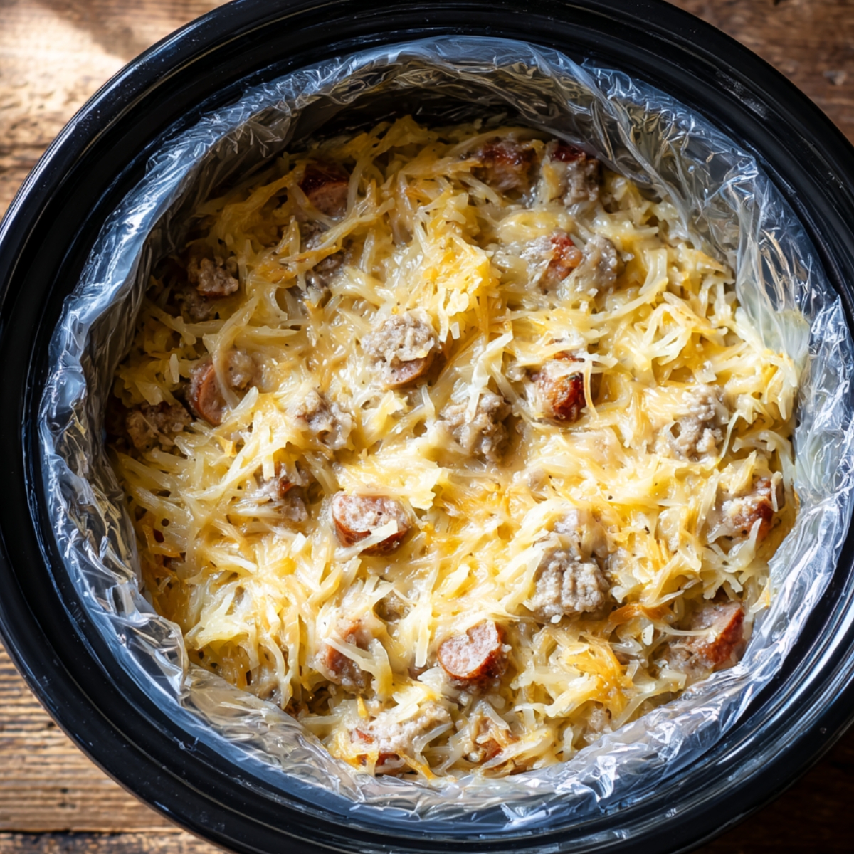 Slow-cooked cheesy ranch potatoes with sliced sausage and ground meat in a crockpot lined with a plastic liner.