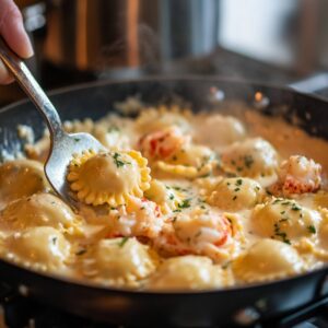 A skillet of lobster ravioli coated in creamy sauce, with a spoon lifting one ravioli. Visible lobster meat, chopped herbs, and steam give it a hot, homemade, just-finished look.