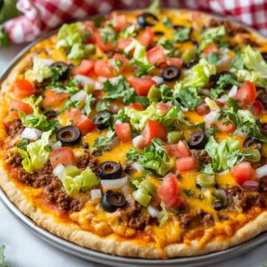Homemade taco pizza topped with melted cheese, seasoned beef, shredded lettuce, diced tomatoes, black olives, onions, green olives, and fresh cilantro.