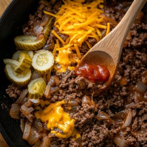 Close-up of cooked ground beef and onions in a skillet with sliced pickles, shredded cheddar cheese, and ketchup being stirred in with a wooden spoon—ingredients for homemade cheeseburger casserole.