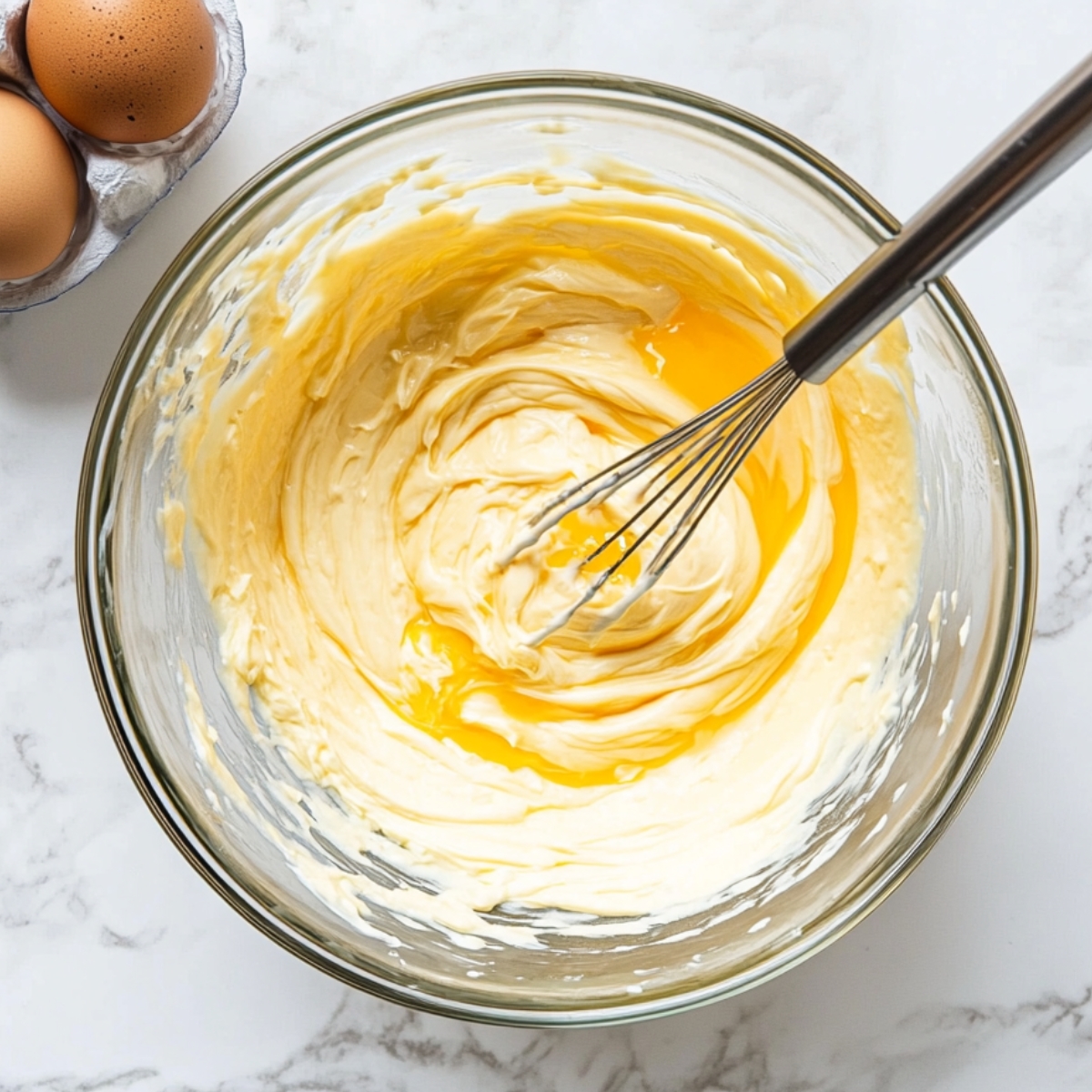Mixing egg yolks into thick cheesecake batter with a whisk in a glass bowl, eggs visible nearby.