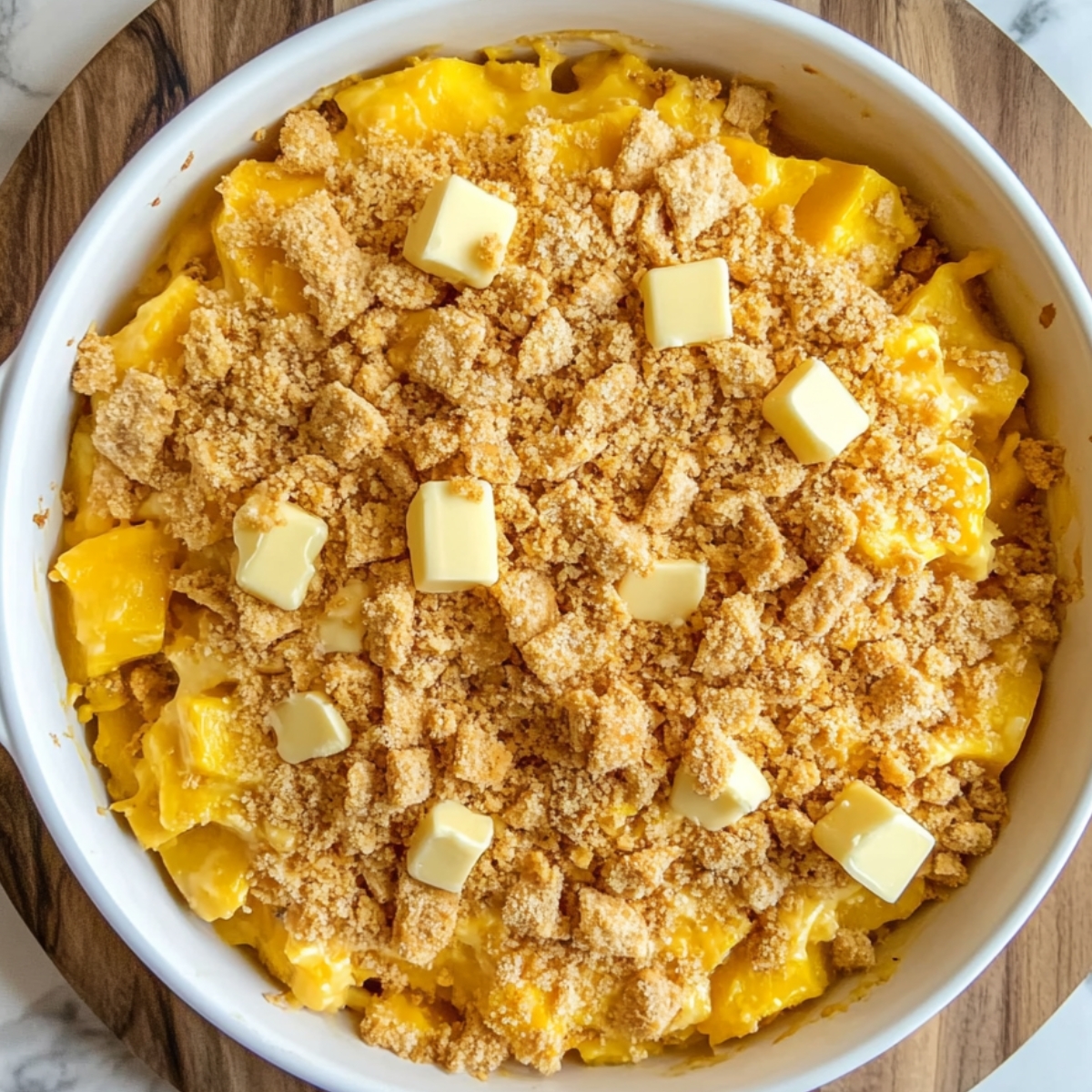 Unbaked squash casserole in a white round dish, topped with crushed crackers and cubes of butter, ready to go into the oven.