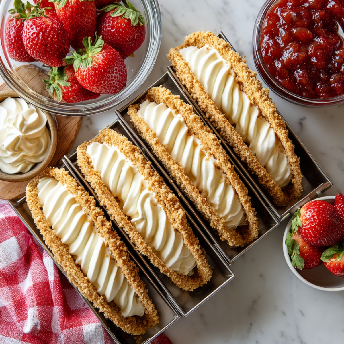 Homemade strawberry crunch cheesecake tacos with piped cream cheese filling in golden graham-coated shells, surrounded by bowls of fresh strawberries, whipped cream, and strawberry topping on a marble surface.