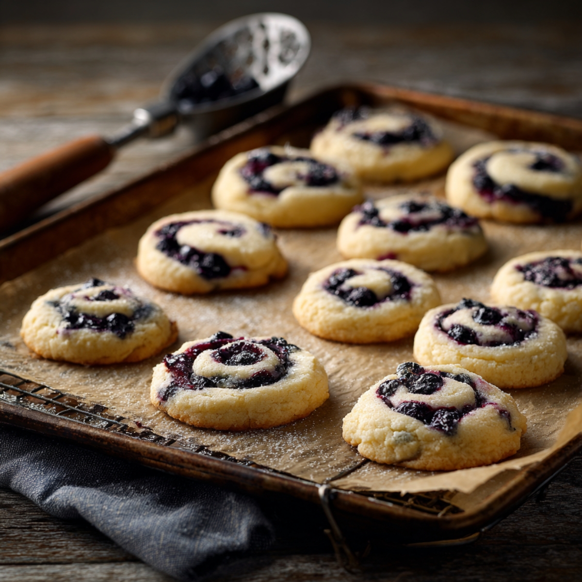 Freshly baked blueberry cheesecake swirl cookies cooling on a parchment-lined baking sheet, with golden edges and marbled purple and cream swirls.