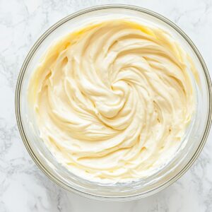 Smooth, swirled cream cheese batter in a glass bowl, ready for Basque Burnt Cheesecake.