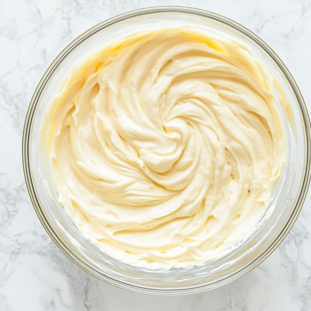 Smooth, swirled cream cheese batter in a glass bowl, ready for Basque Burnt Cheesecake.
