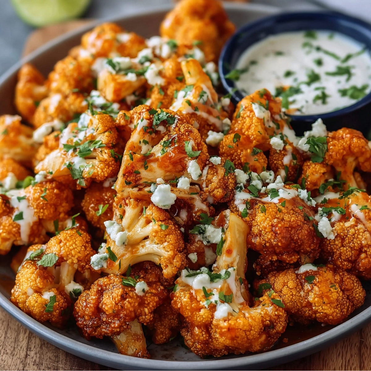 Crispy buffalo cauliflower topped with blue cheese, parsley, and ranch drizzle, served with a side of dip on a rustic plate.