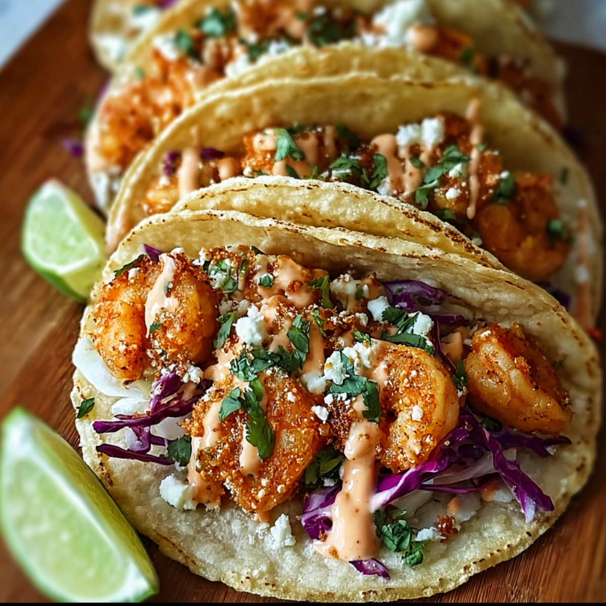 Homemade shrimp tacos in toasted corn tortillas, filled with juicy, spice-rubbed shrimp, shredded purple cabbage, crumbly cotija cheese, creamy chipotle sauce, fresh chopped cilantro, and lime wedges on the side.
