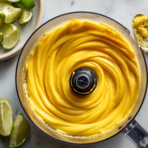 Smooth, freshly blended mango sorbet in a food processor with a vibrant yellow swirl pattern. A plate of lime wedges and a used spoon are nearby on a marble counter.