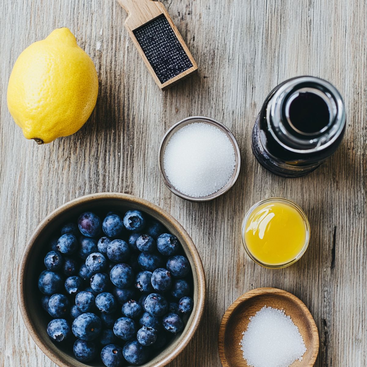 Fresh blueberries, lemon, sugar, and vanilla laid out on a rustic wooden surface for homemade blueberry cheesecake topping.