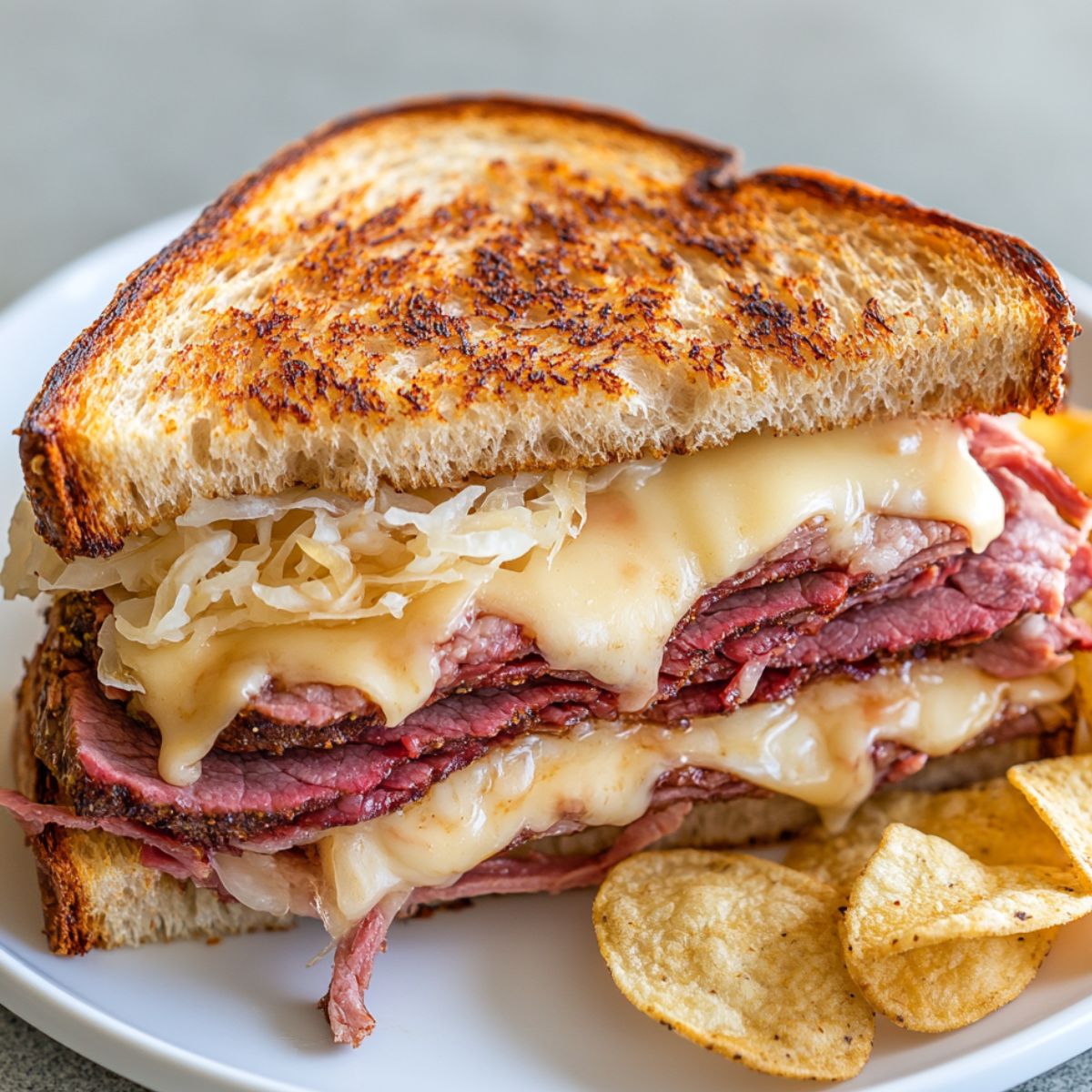 Close-up of a homemade Reuben sandwich on a white plate, stacked with layers of corned beef, melted Swiss cheese, and sauerkraut between two slices of golden grilled rye bread, served with potato chips.