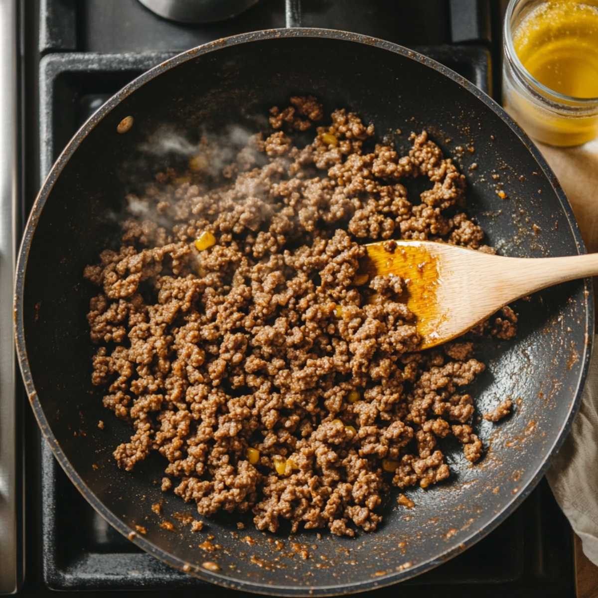 Ground beef browning in a non-stick skillet on a stovetop, stirred with a wooden spoon, steam rising as it's seasoned for taco pizza.