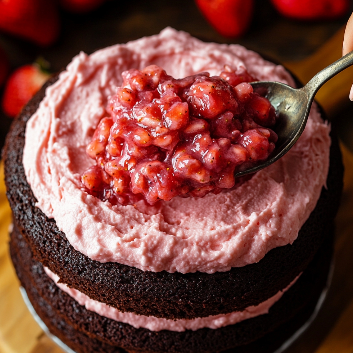 Chocolate cake being layered with strawberry cream and fresh strawberry filling, spooned on top.