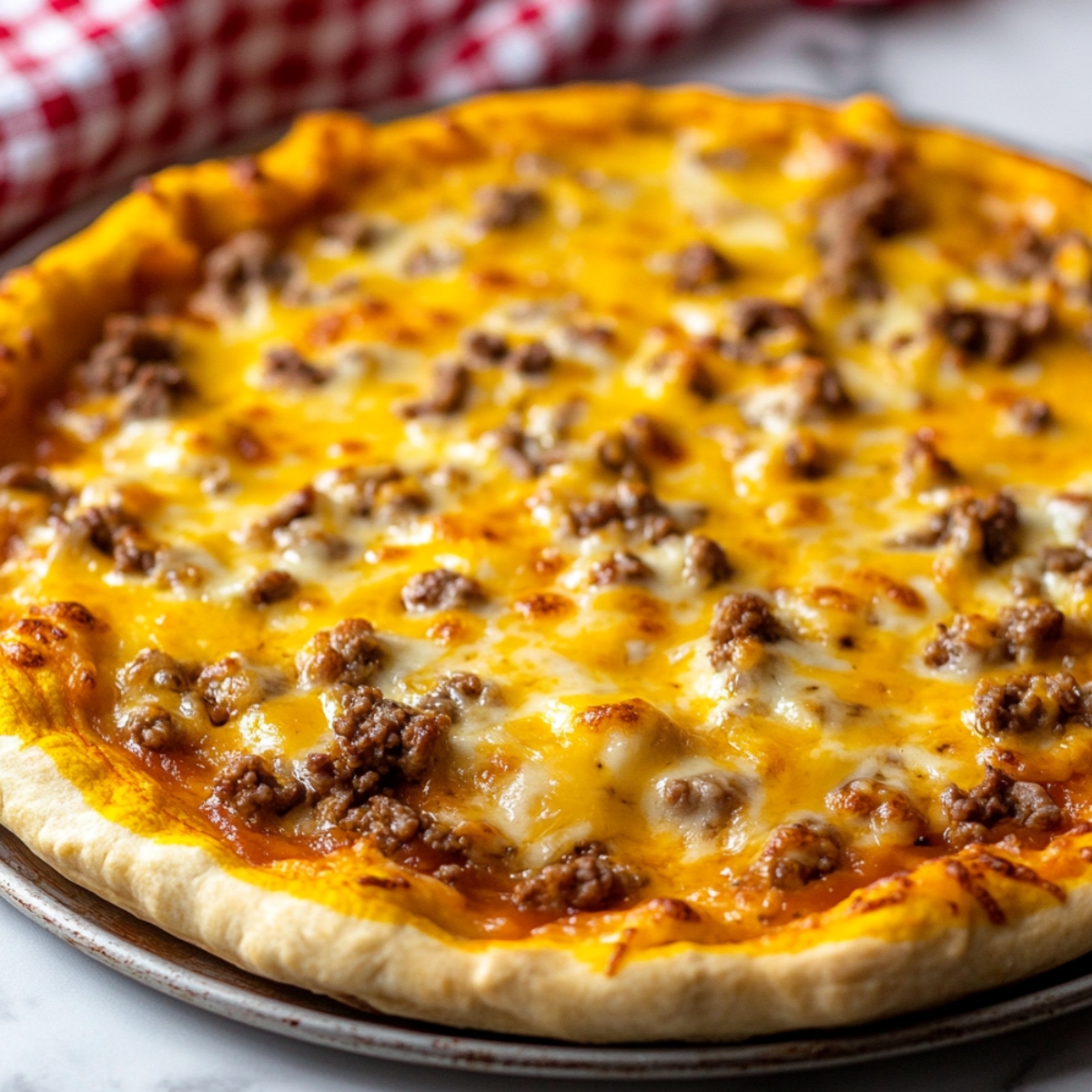 Homemade taco pizza fresh from the oven with golden melted cheddar and browned ground beef on a thick crust, cheese bubbly and edges crisp.