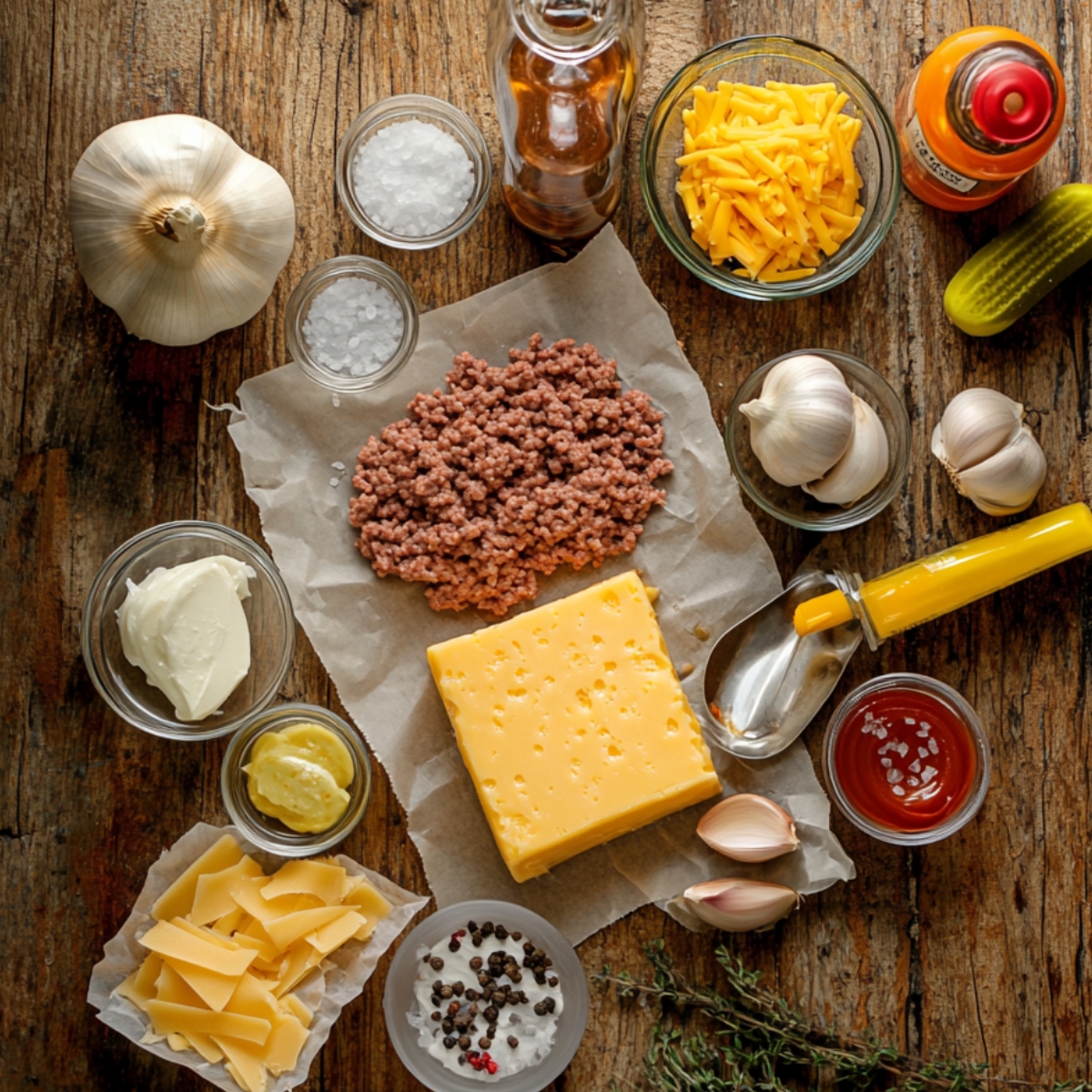 Overhead view of cheeseburger casserole ingredients on a wooden table, including raw ground beef, cheddar cheese (block and shredded), garlic, mustard, ketchup, cream cheese, salt, pepper, Worcestershire sauce, and a dill pickle.
