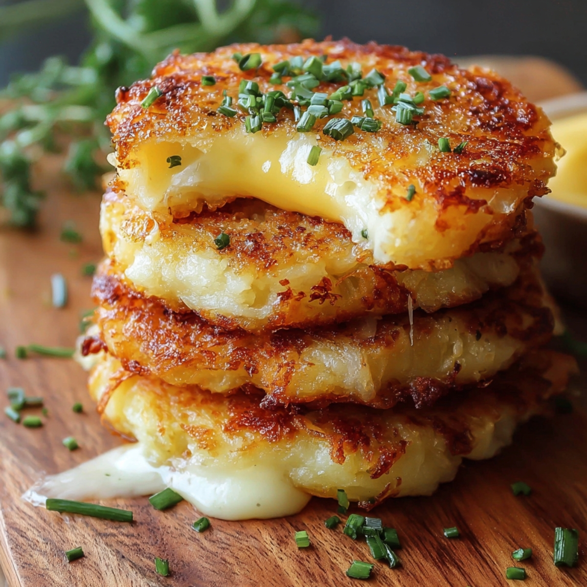 Cheesy potato pancakes on a wooden board, with melted cheese oozing out and fresh chopped chives sprinkled on top.