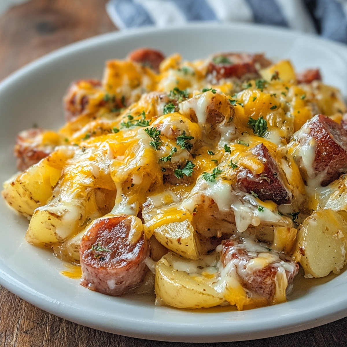 Homemade cheesy ranch potatoes with sausage, melted cheddar, and parsley on a white plate.