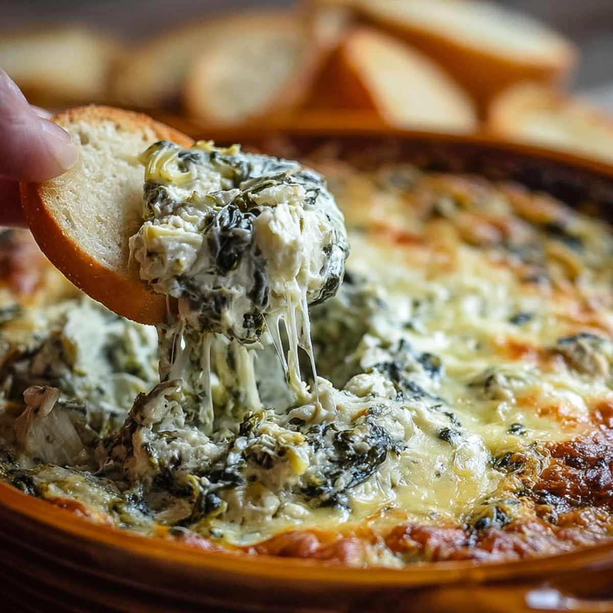 cheesy spinach artichoke dip in a brown ceramic dish, with a baguette slice lifting a gooey, creamy scoop. More toasted bread in the background.