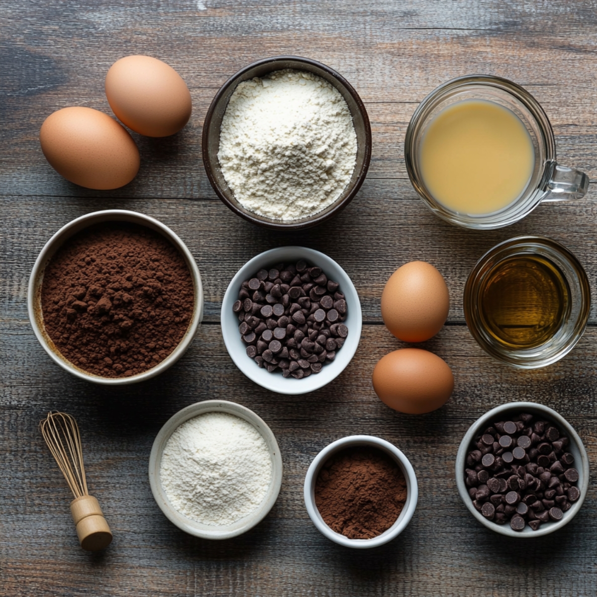 Baking ingredients for chocolate strawberry cake on a wooden surface, including eggs, flour, cocoa powder, chocolate chips, milk, oil, and sugar.